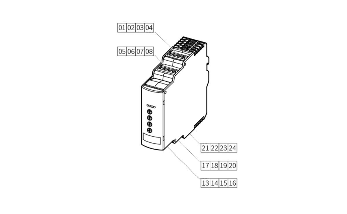 Diagramm eines schlanken Industriemoduls oder Steuergeräts mit Anschlussbezeichnungen 01-24, dargestellt in isometrischer Ansicht mit Callout-Nummern zur Kennzeichnung von Verbindungspunkten.