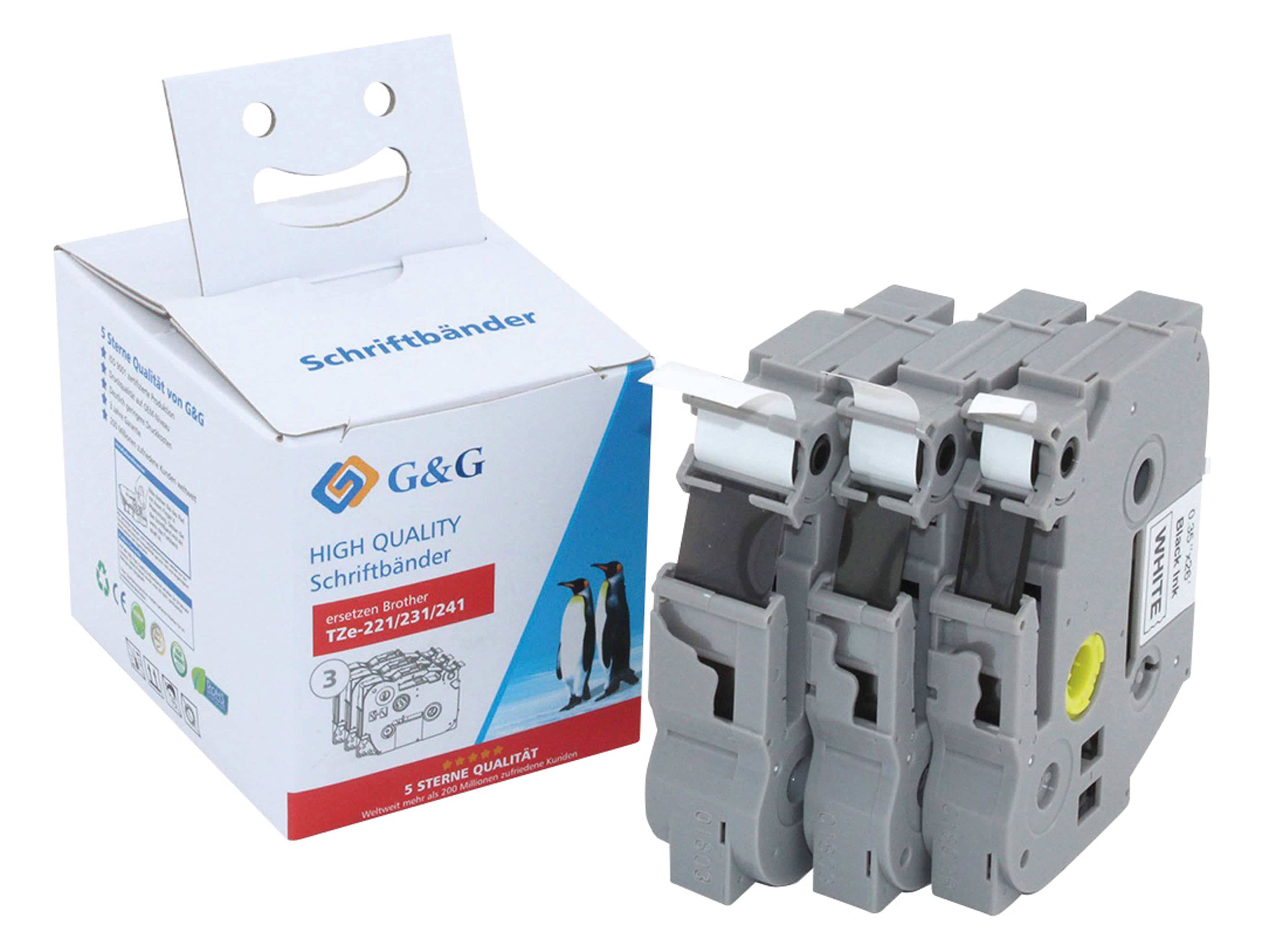G&G Schriftbänder Multipack 3er Pack schwarz auf weiß ersetzt TZe-221 / TZe-231 / TZe-241