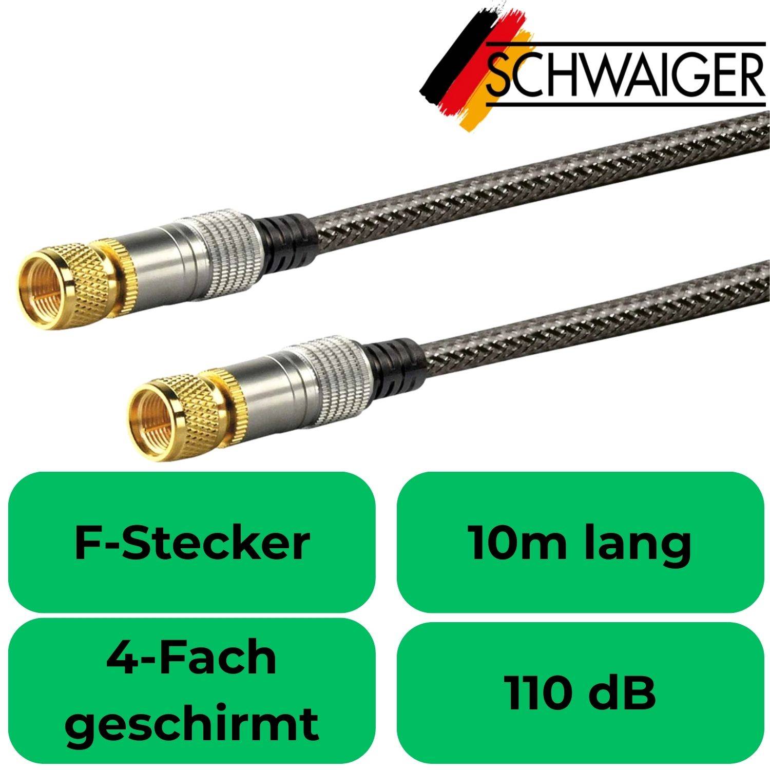 SAT-Anschlusskabel F-Stecker 10m 110dB vergoldet Schwarz