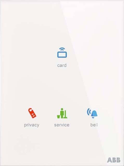 Bildschirm mit Symbolen für ‚Karte', ‚Datenschutz', ‚Service' und ‚Glocke', jeweils mit einem Symbol über der Beschriftung, die verschiedene Funktionen andeuten.