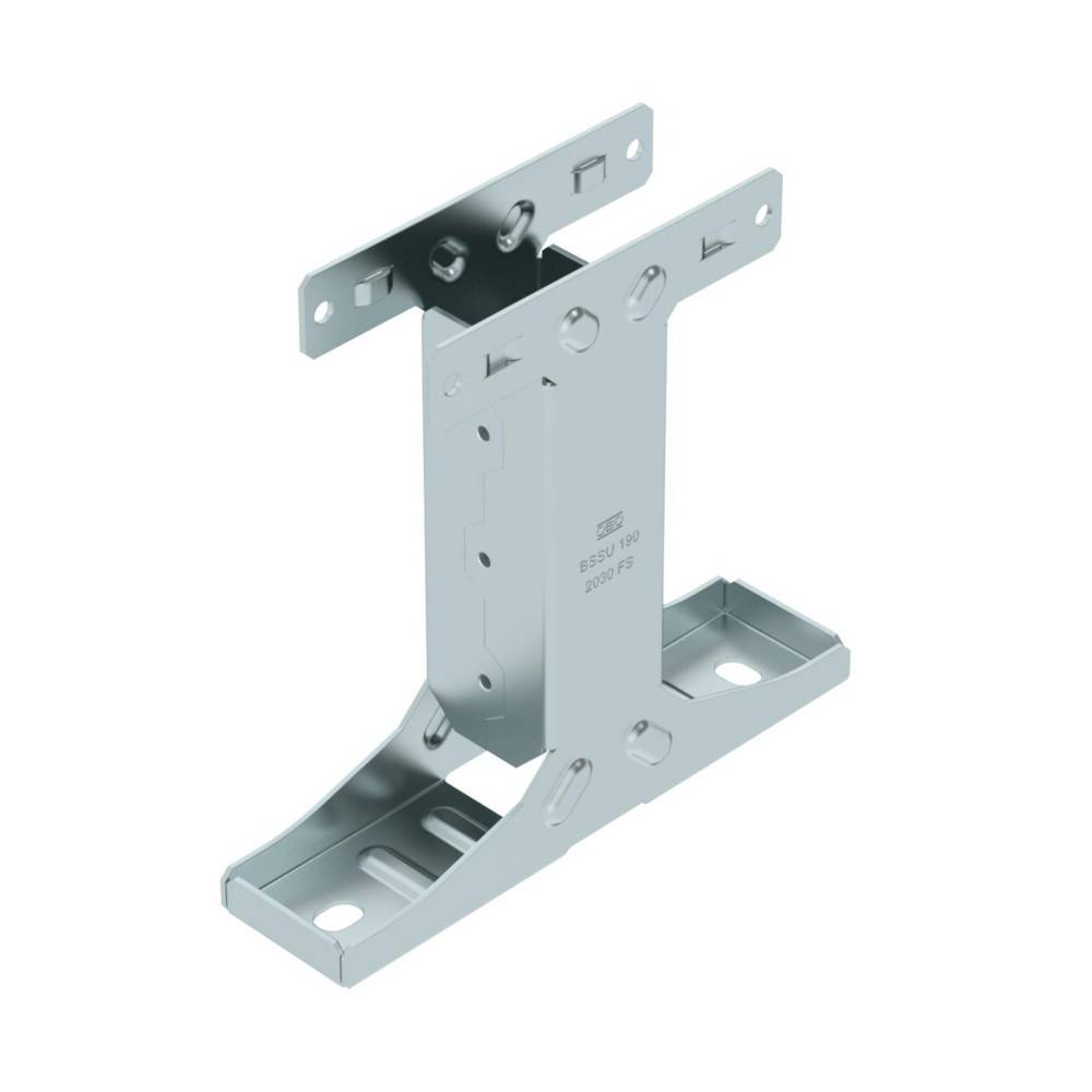 Eine Metallbefestigungshalterung mit Perforationen zum Befestigen von Objekten. Sie verfügt über eine U-förmige Basis und einen verstellbaren senkrechten Abschnitt für zusätzliche Unterstützung.
