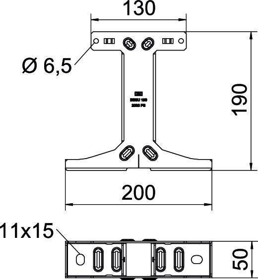 Technische Zeichnung einer Metallträgerhalterung mit Maßangaben. Breite: 200 mm, Höhe: 190 mm, Bolzenlochduchmesser: 6,5 mm, Lochentfernung: 11x15 mm.