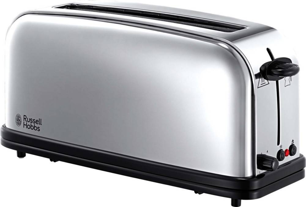 Ein silberner Toaster mit modernem, elegantem Design und einer Öffnung an der Oberseite für Brotscheiben.
