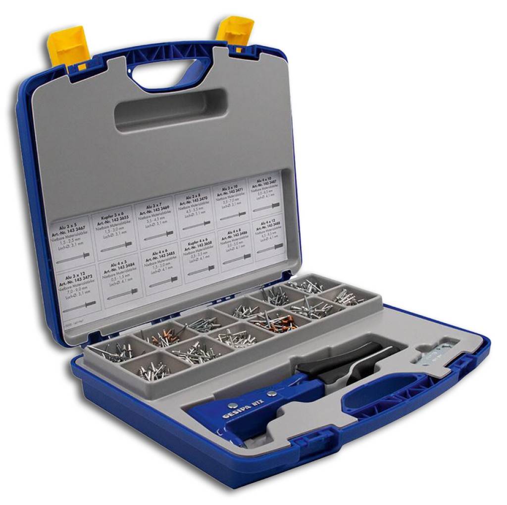Blindnietgarnitur Nietbox NTXLieferung im Kunststoffkoffer.AusführungAus hochwertigem Aluminium-Druckguss mit Zangenschenkeln aus geschmiedetem
