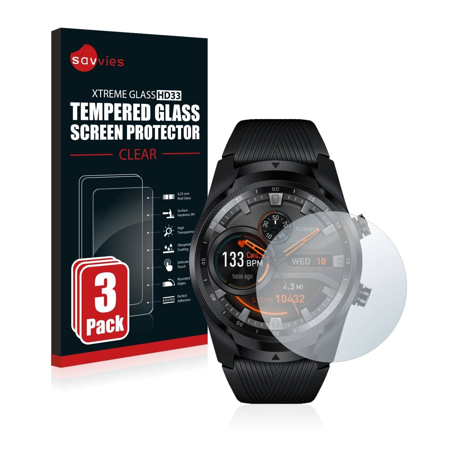 3x Savvies HD33 Clear Schutzglas für Mobvoi Ticwatch Pro