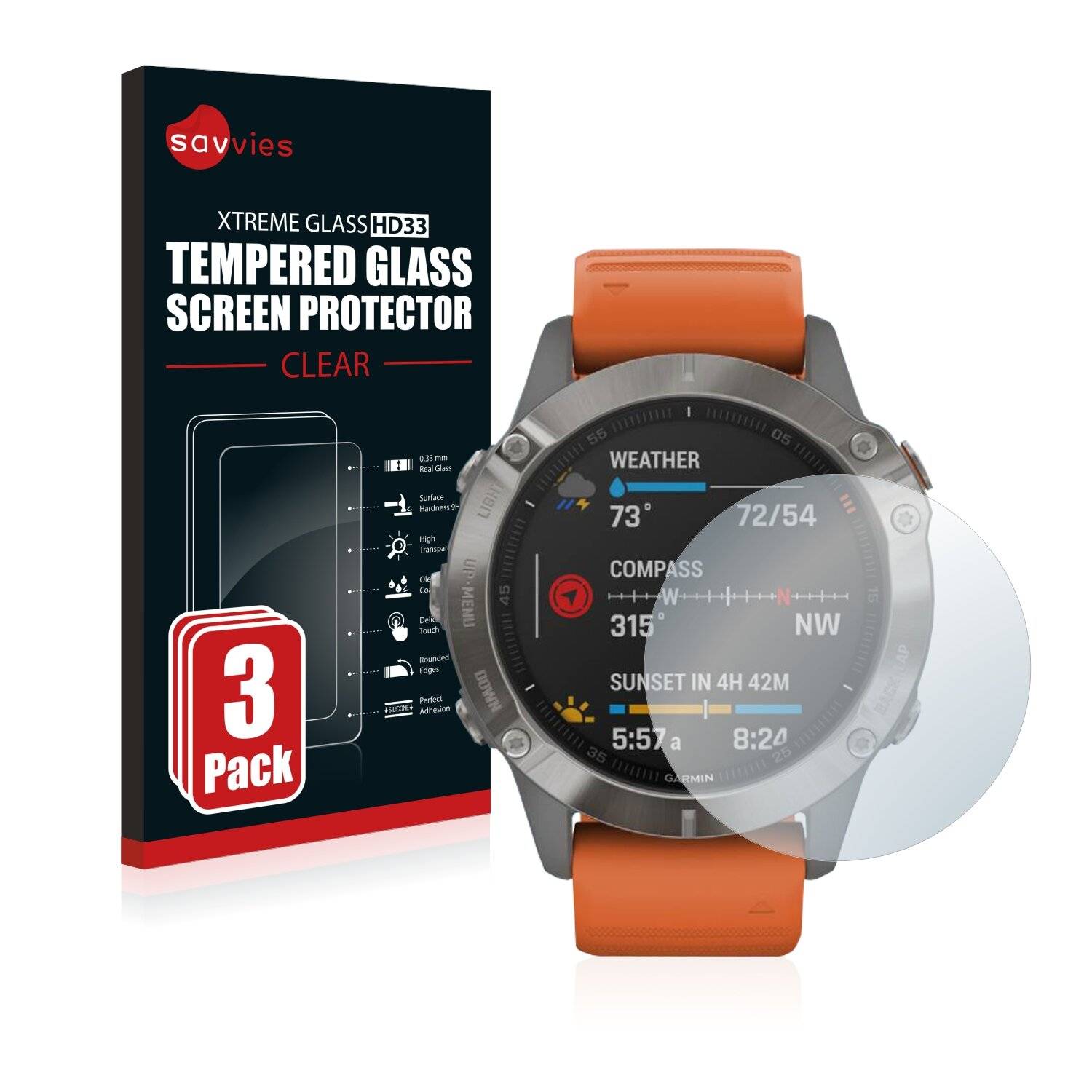 3x Savvies HD33 Clear Schutzglas für Garmin Fenix