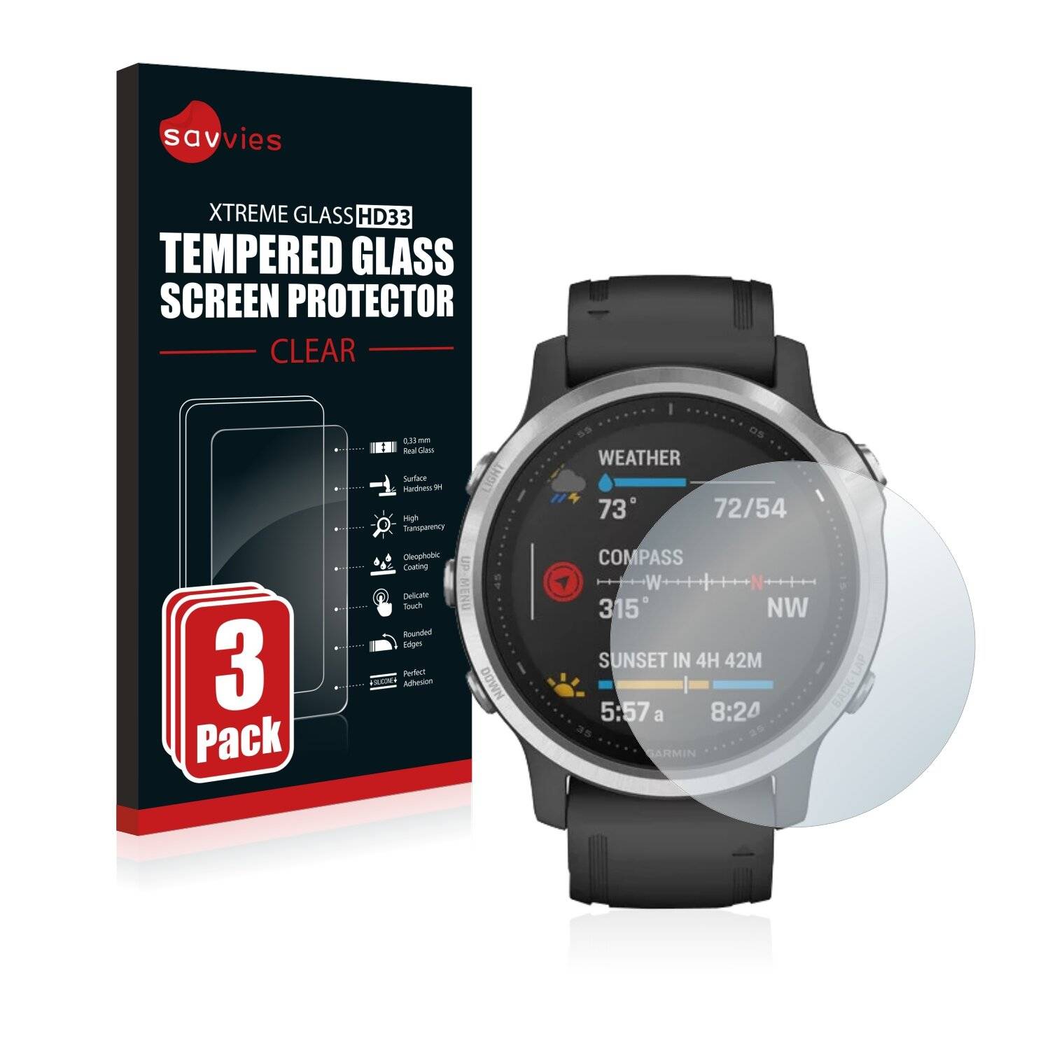 3x Savvies HD33 Clear Schutzglas für Garmin Fenix