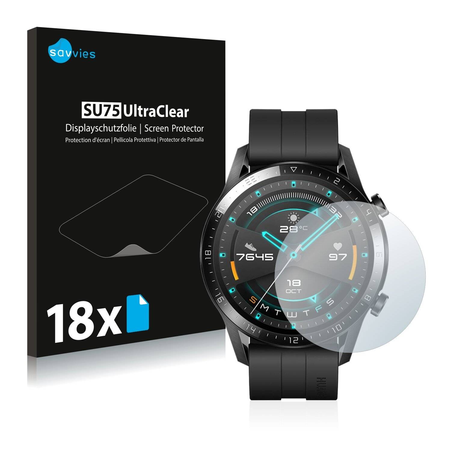 18x Savvies SU75 Displayschutzfolie für Huawei Watch GT 2 (46