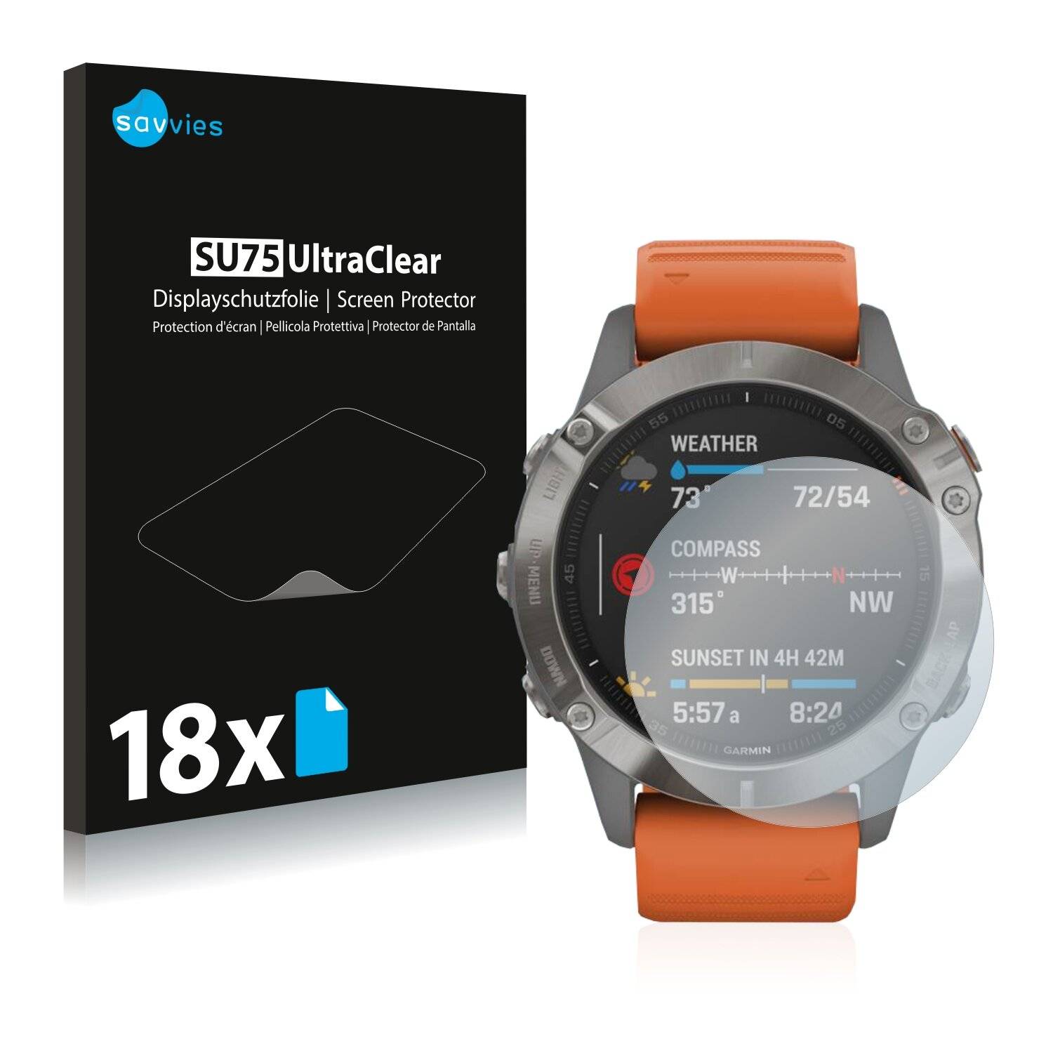 18x Savvies SU75 Displayschutzfolie für Garmin Fenix 6