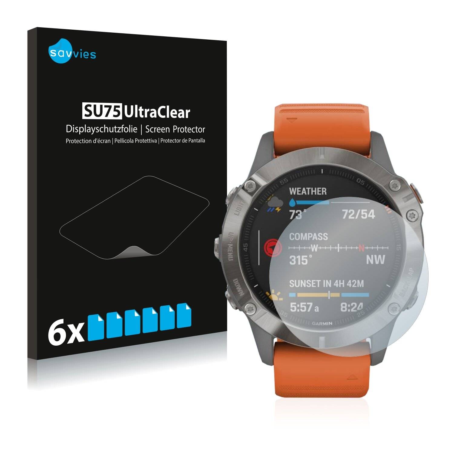 6x Savvies SU75 Displayschutzfolie für Garmin Fenix 6