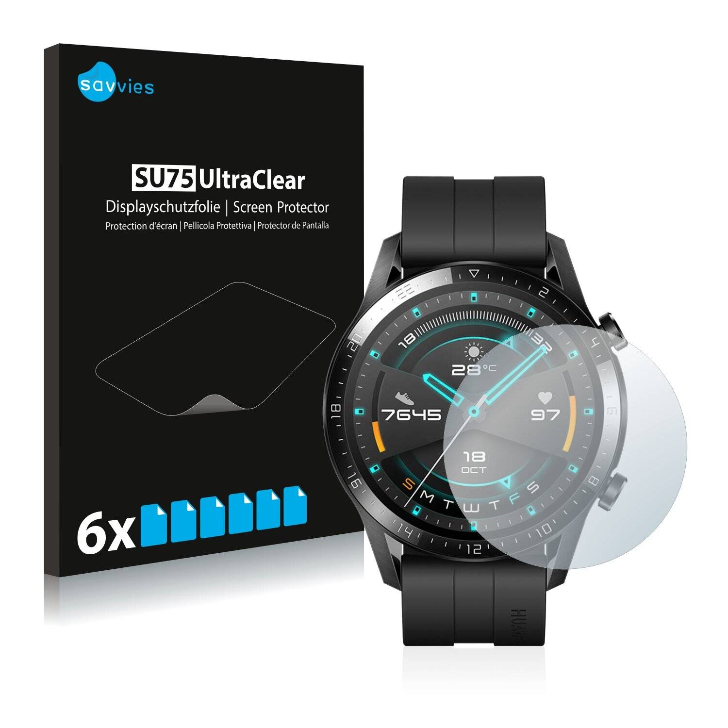 6x Savvies SU75 Displayschutzfolie für Huawei Watch GT 2 (46