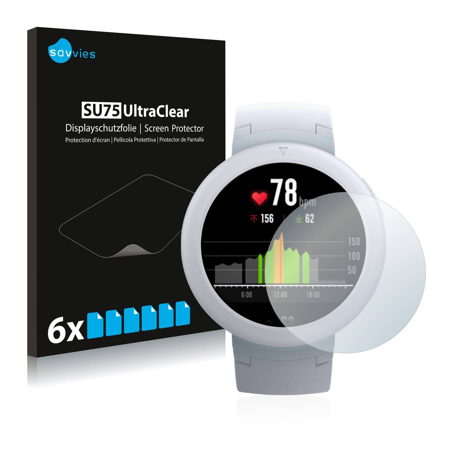 6x Savvies SU75 Displayschutzfolie für Huami Amazfit Verge