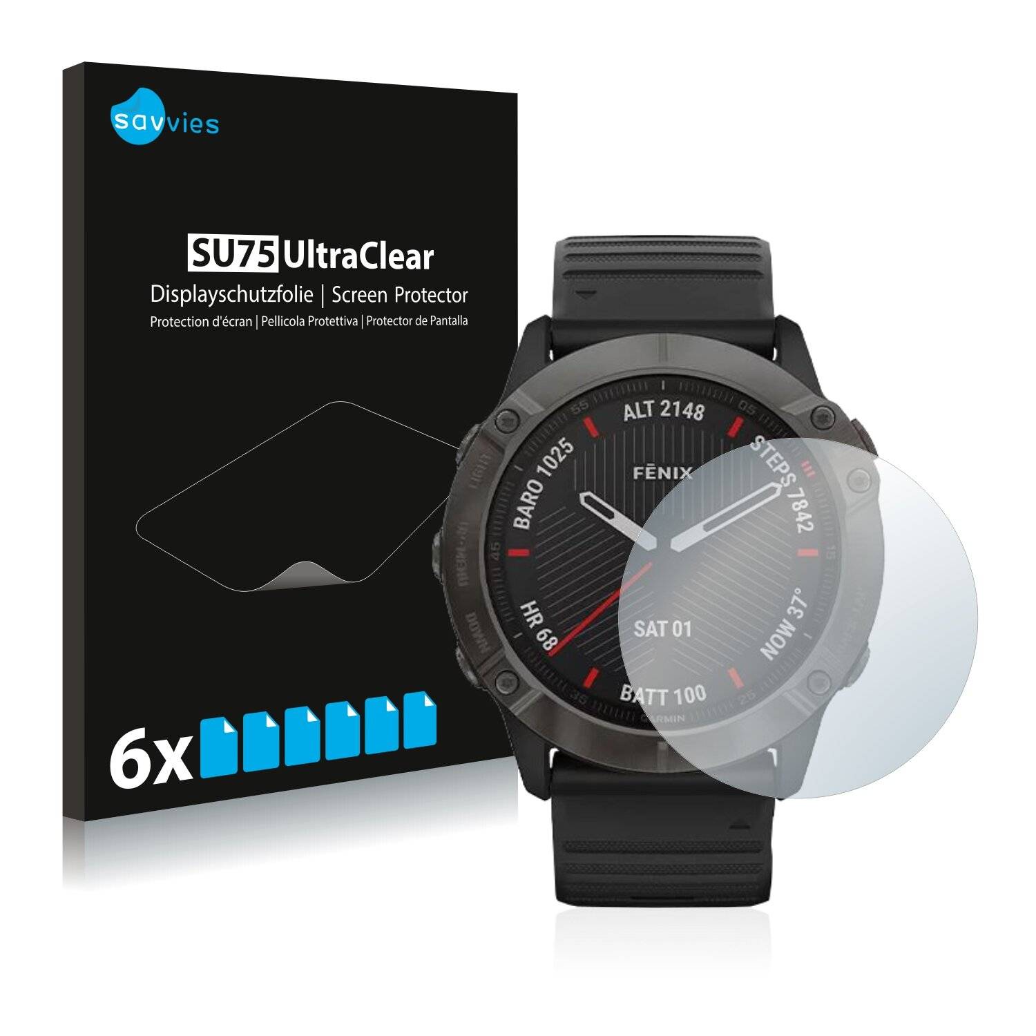 6x Savvies SU75 Displayschutzfolie für Garmin Fenix 6X