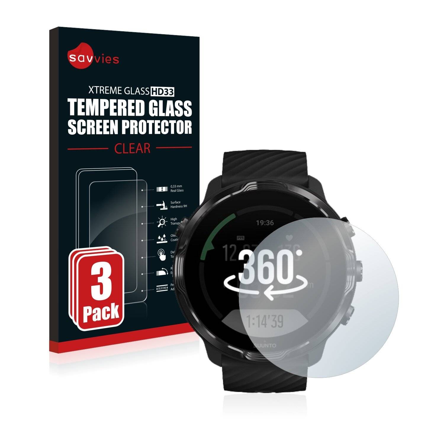 3x Savvies HD33 Clear Schutzglas für Suunto