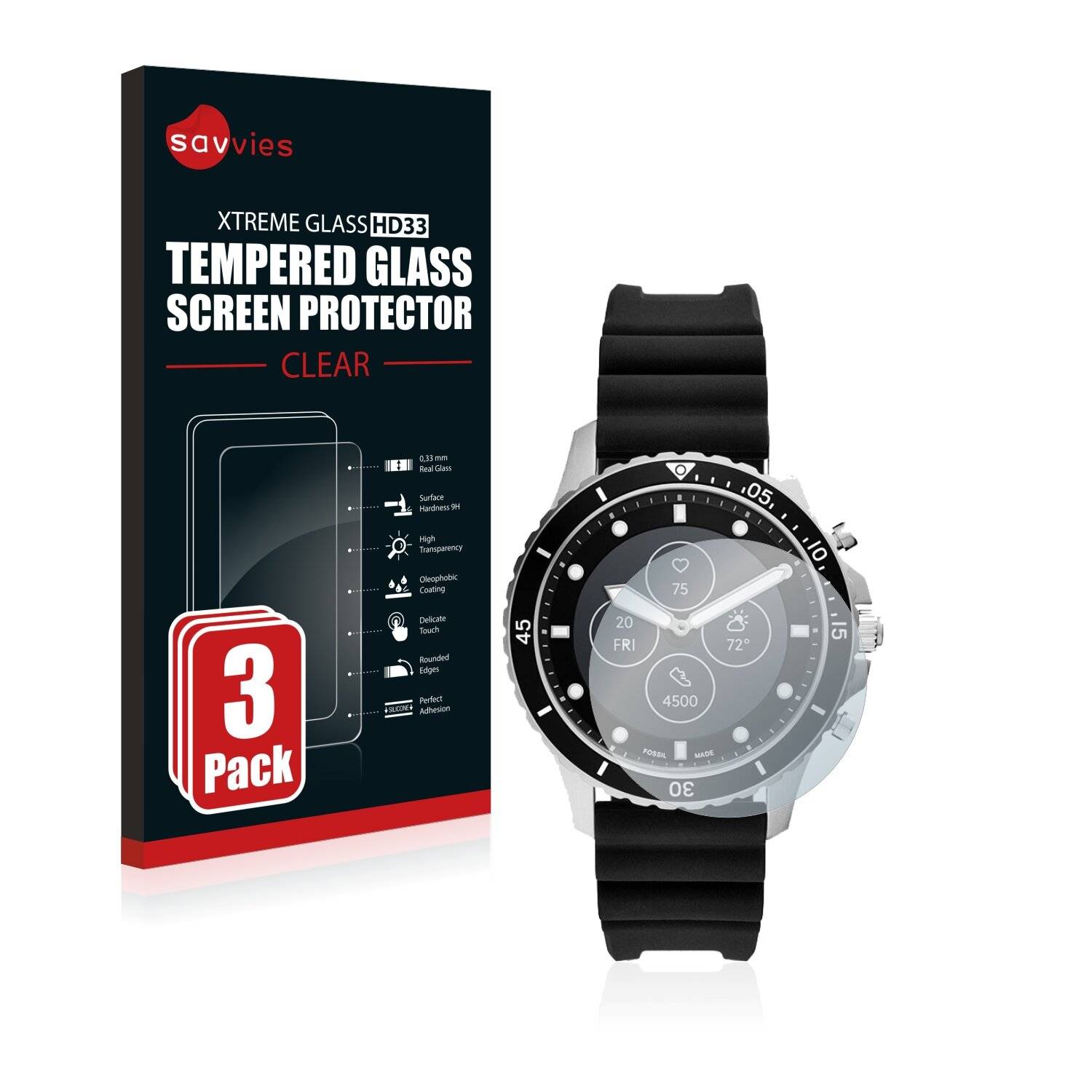 3x Savvies HD33 Clear Schutzglas für Fossil Dive HR (5.
