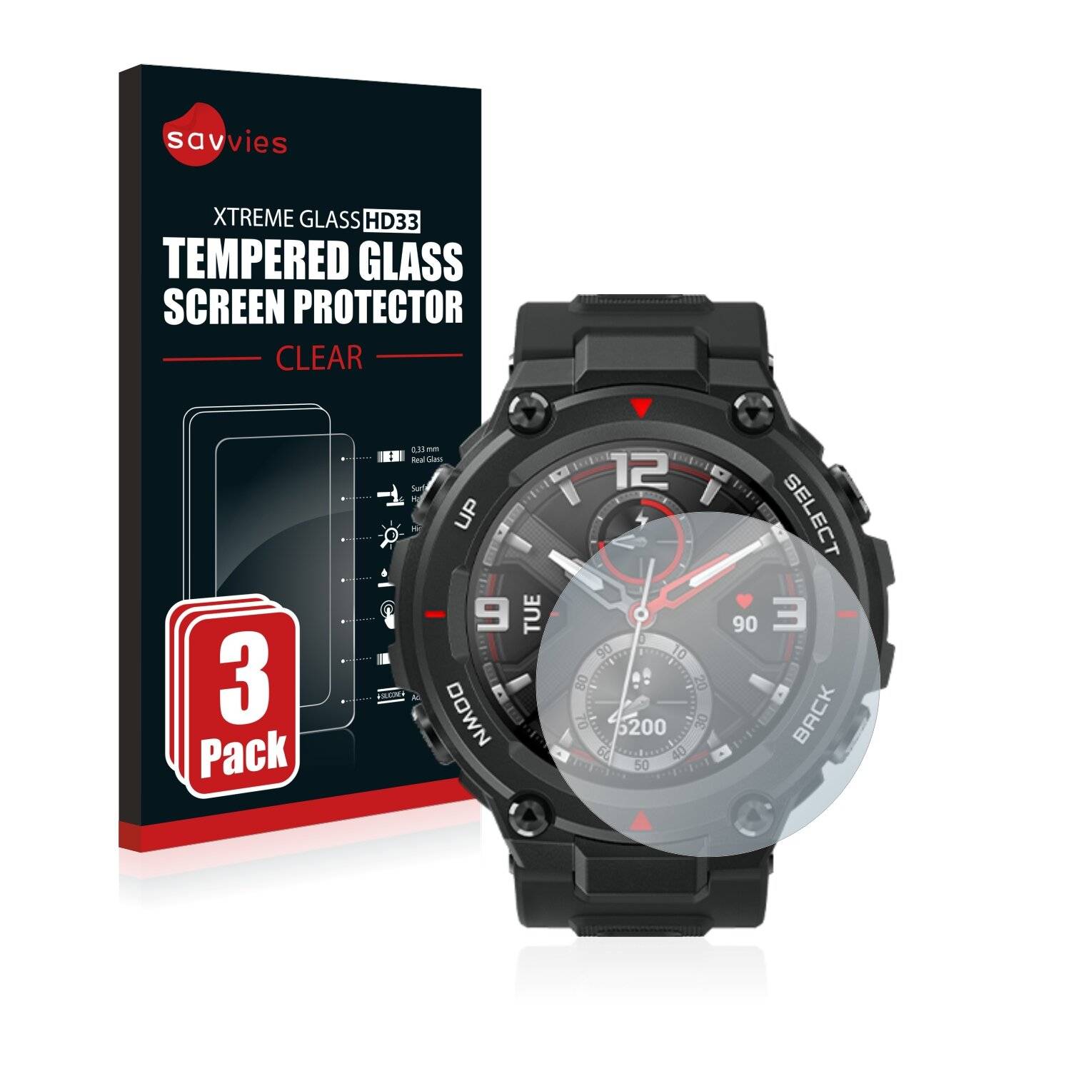 3x Savvies HD33 Clear Schutzglas für Huami Amazfit