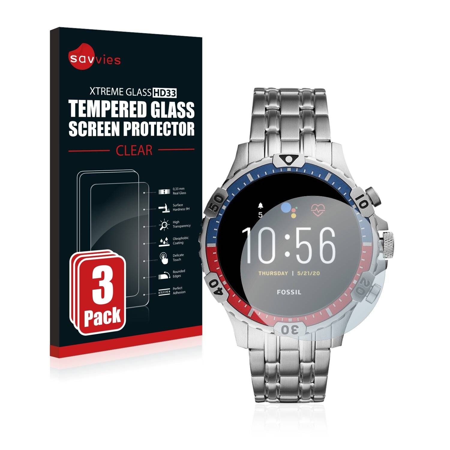 3x Savvies HD33 Clear Schutzglas für Fossil Garrett HR (5.