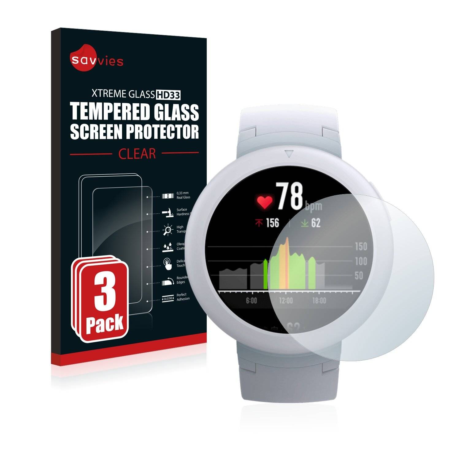 3x Savvies HD33 Clear Schutzglas für Huami Amazfit Verge