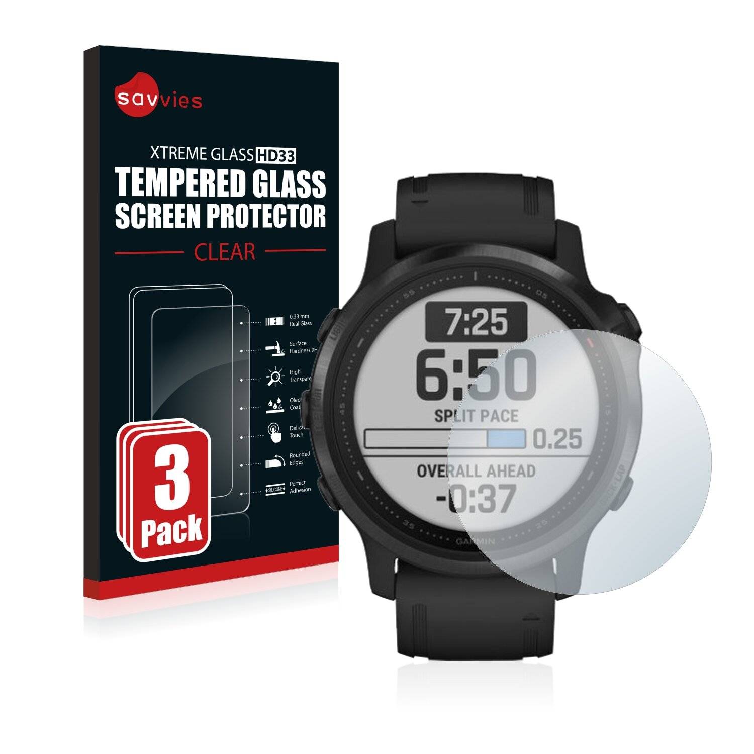 3x Savvies HD33 Clear Schutzglas für Garmin Fenix 6S