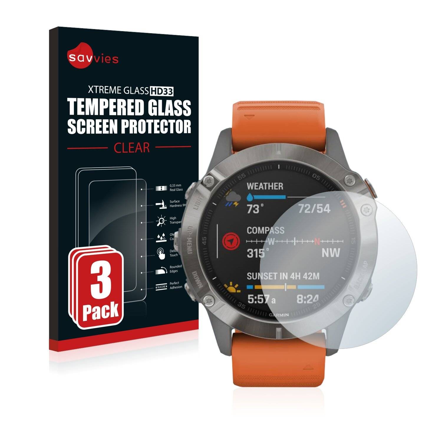 3x Savvies HD33 Clear Schutzglas für Garmin Fenix 6