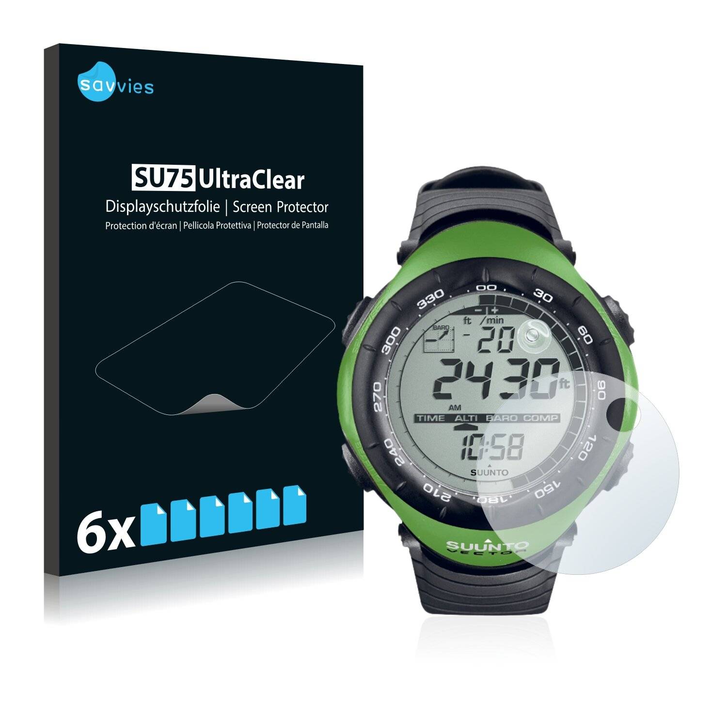 6x Savvies SU75 Displayschutzfolie für Suunto Vector Lime