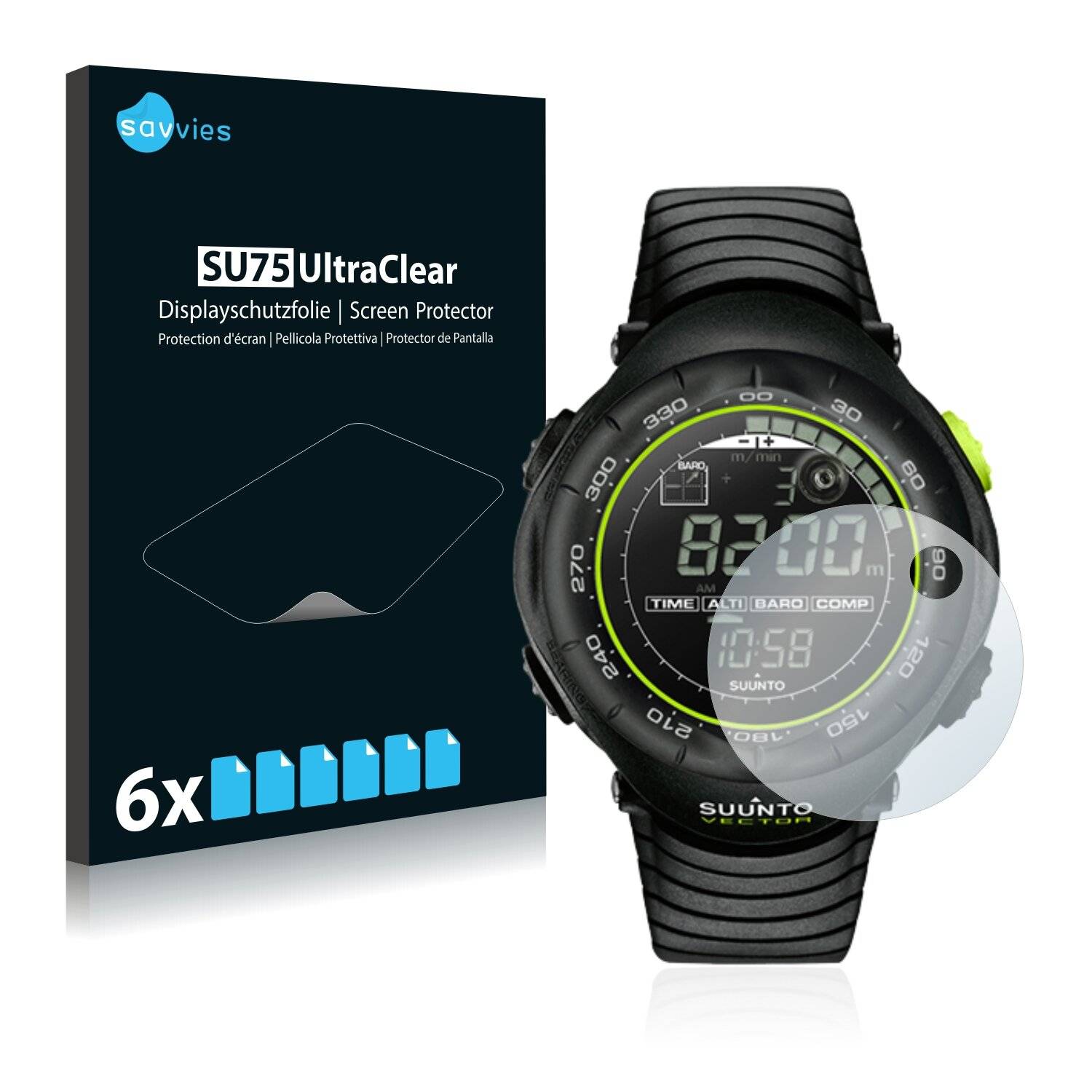 6x Savvies SU75 Displayschutzfolie für Suunto Vector Black