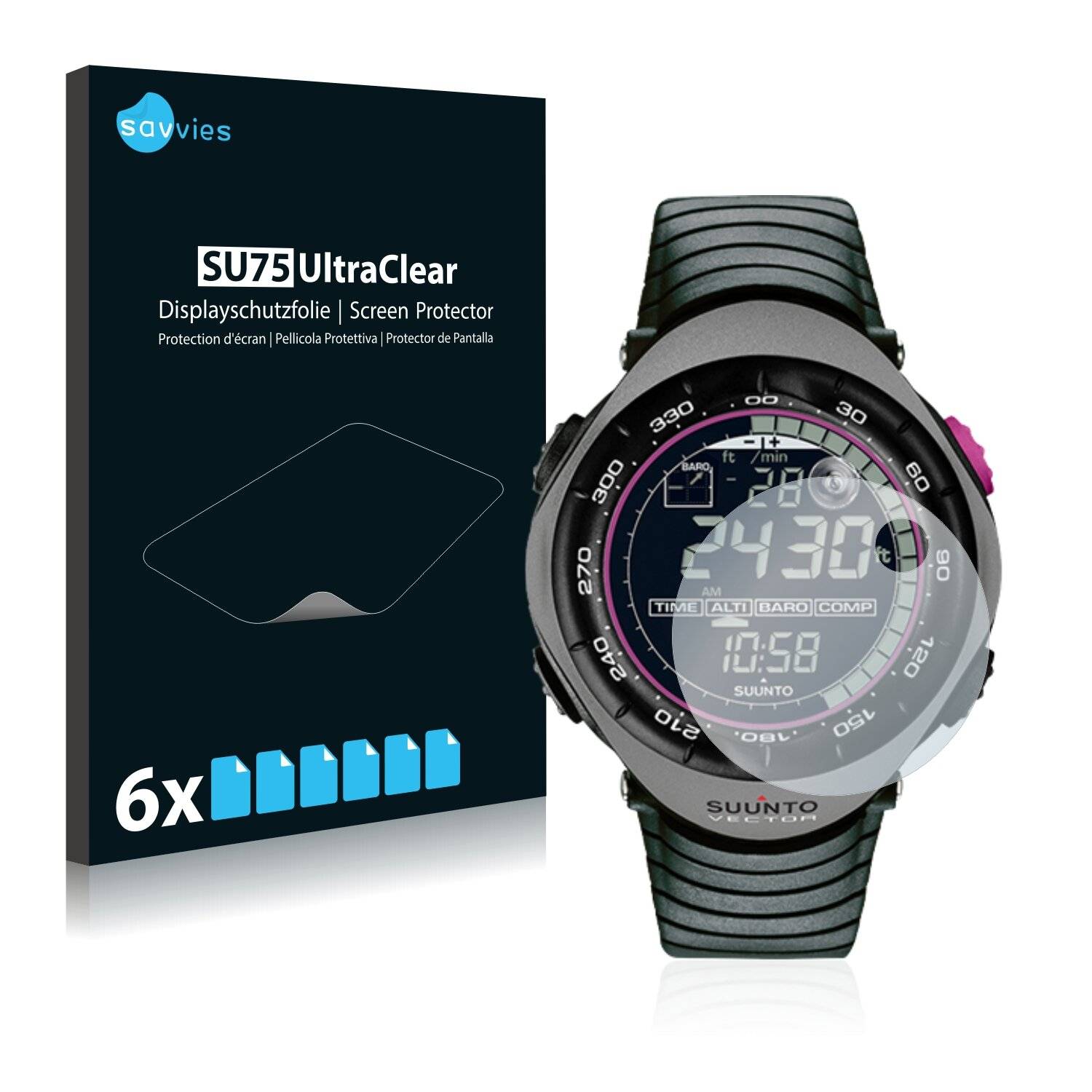6x Savvies SU75 Displayschutzfolie für Suunto Vector Charcoal