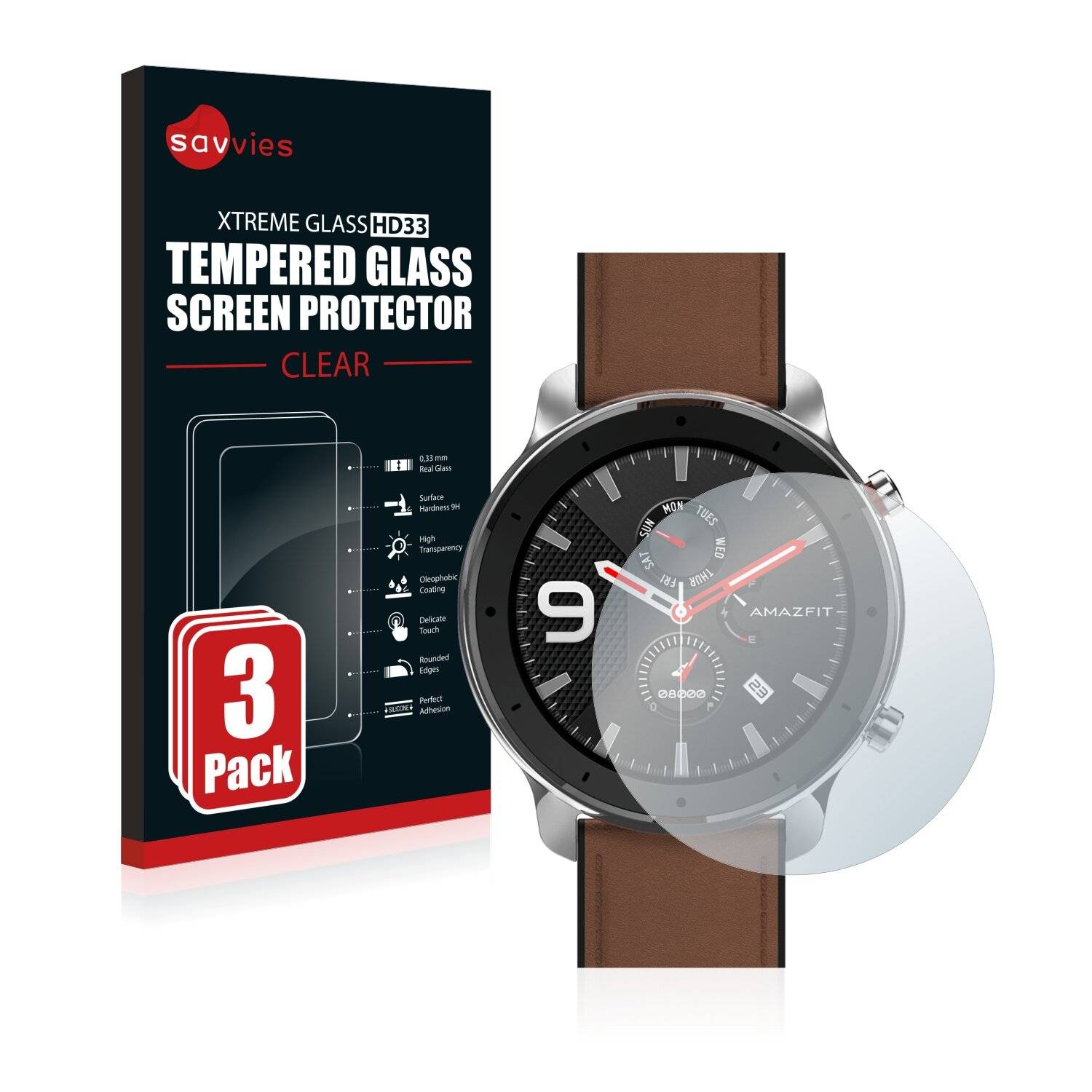 3x Savvies HD33 Clear Schutzglas für Huami Amazfit GTR (47