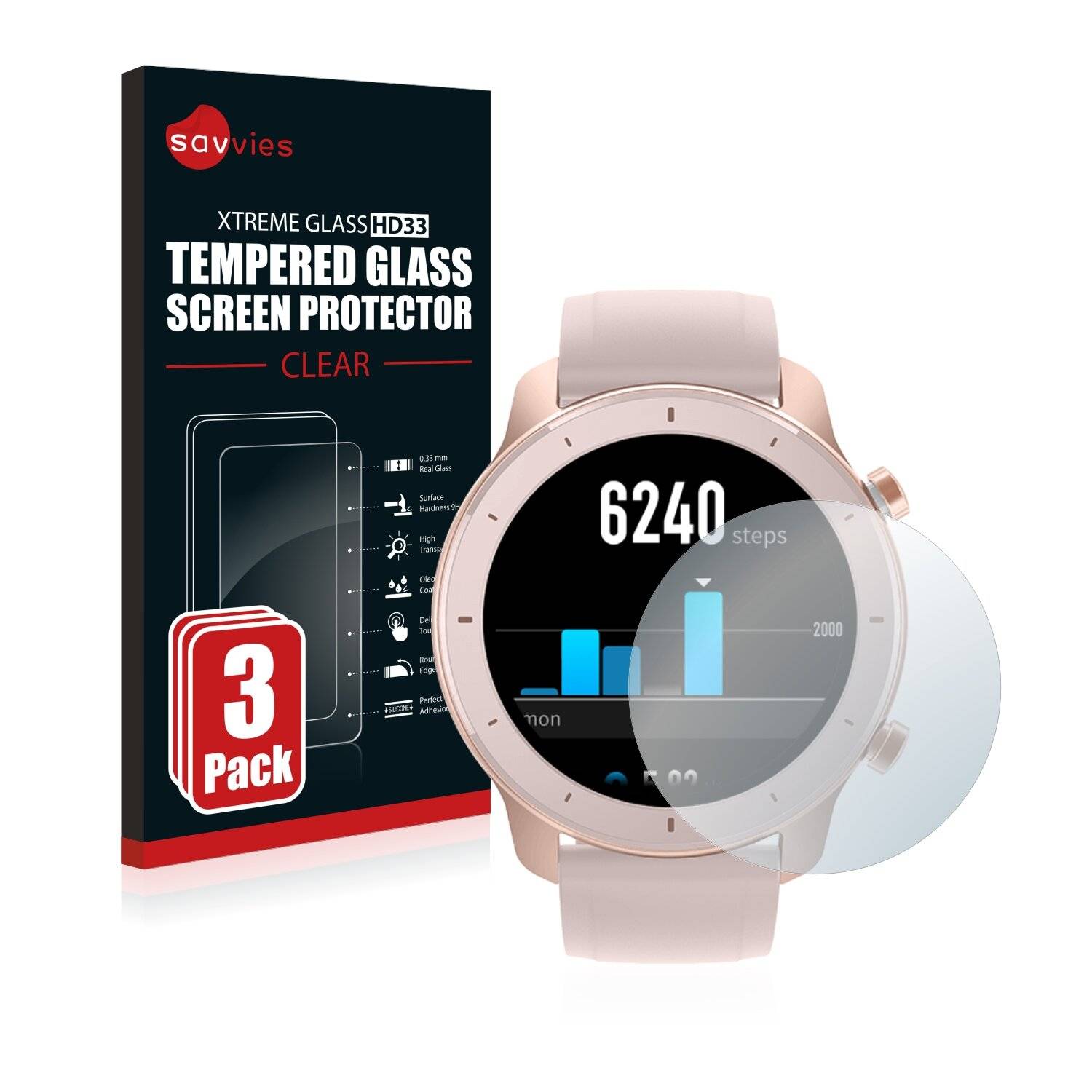 3x Savvies HD33 Clear Schutzglas für Huami Amazfit GTR (42