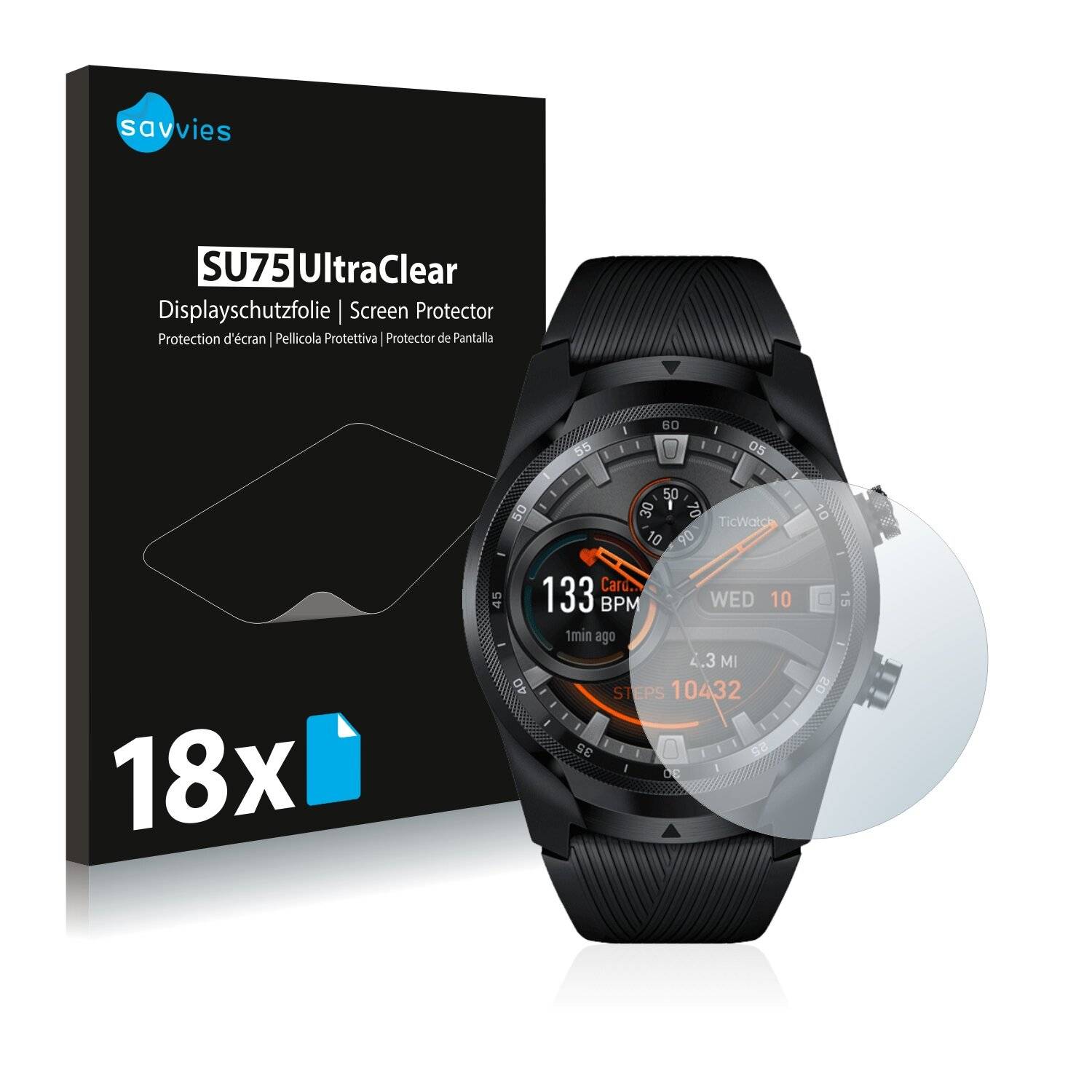 18x Savvies SU75 Displayschutzfolie für Mobvoi Ticwatch Pro