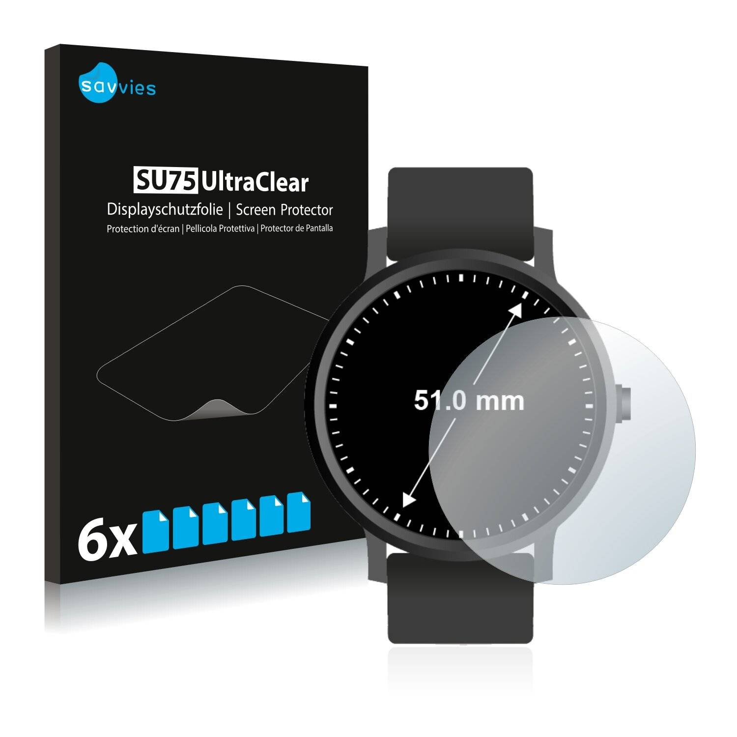 6x Savvies SU75 Displayschutzfolie für Armbanduhren (Kreisrund, Durchmesser: 51