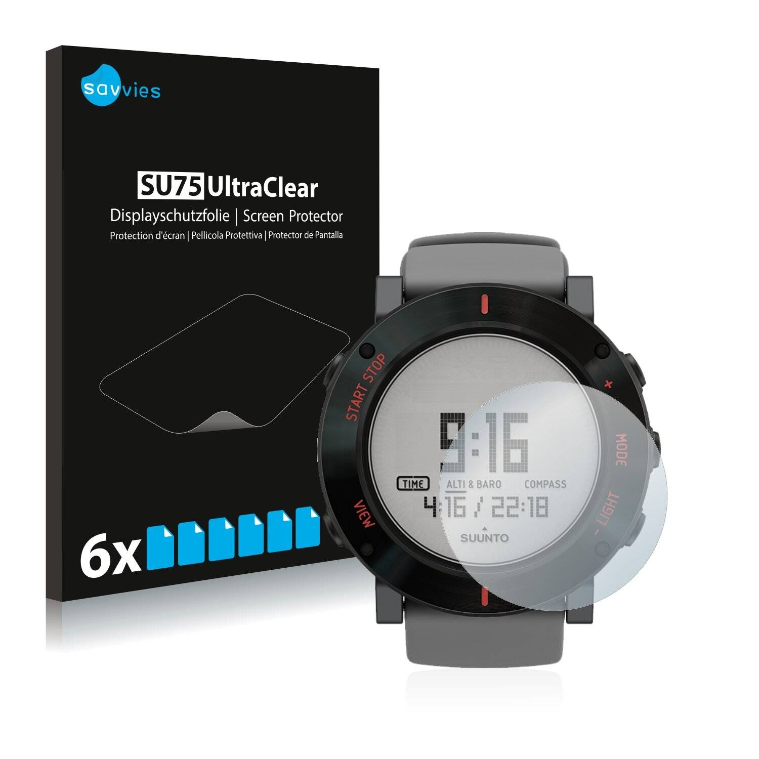 6x Savvies SU75 Displayschutzfolie für Suunto Core Gray