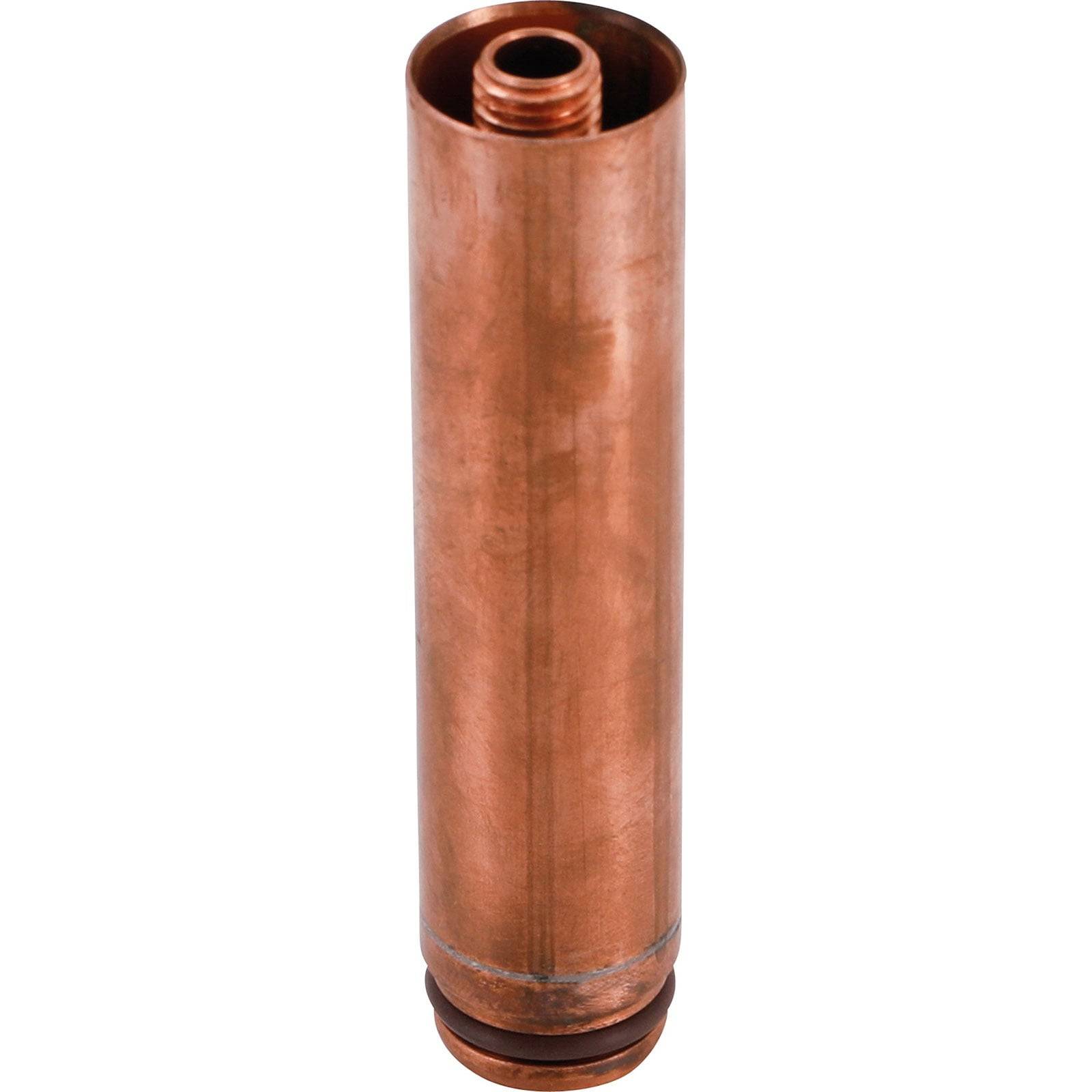 Ein zylindrischer Kupfergegenstand mit Gewinde am oberen Ende, möglicherweise eine Auspuffanlage oder Filterkomponente, mit einem O-Ring an der Basis.