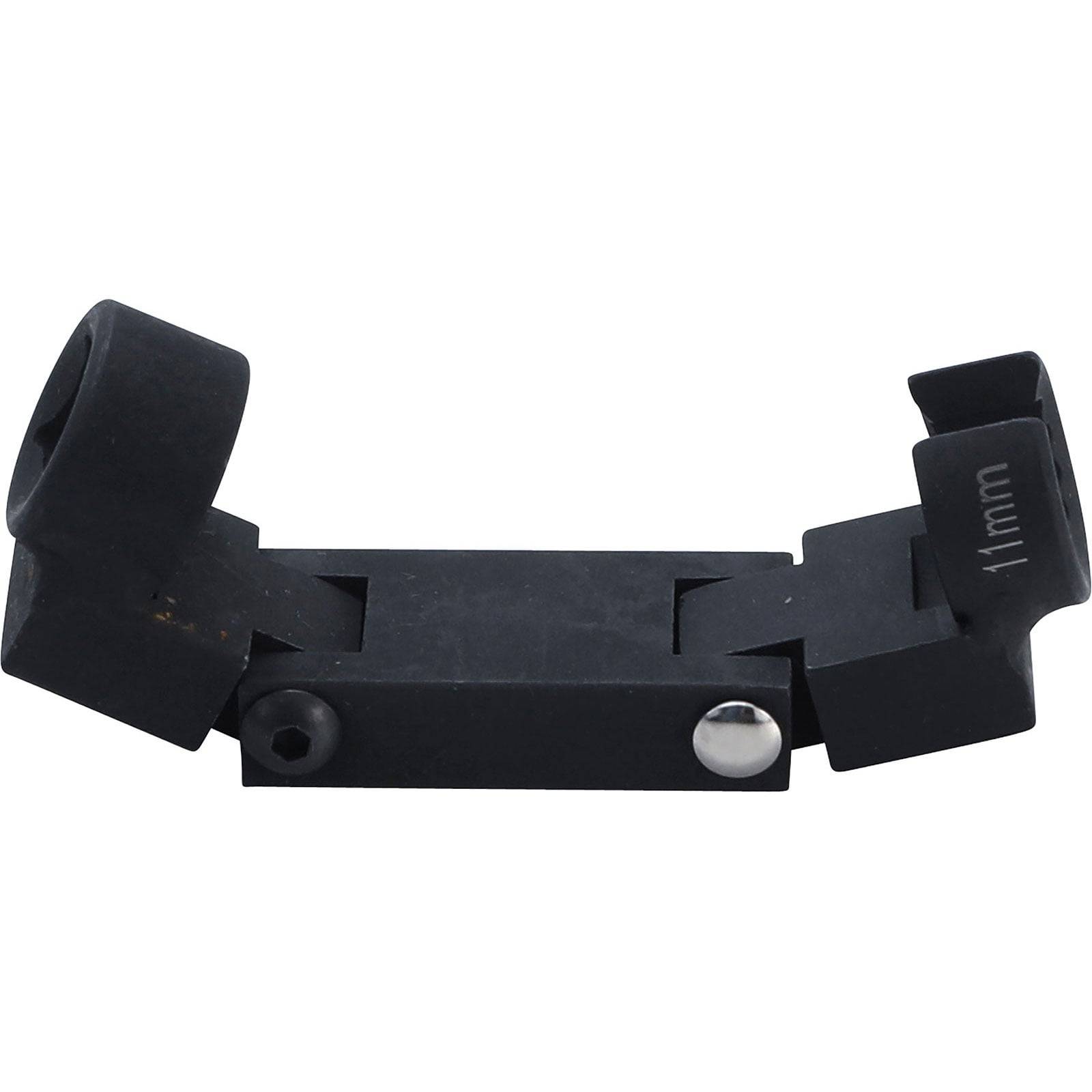 Schwarze 11-mm-Schrägschnittschiene mit flacher Basis und abgerundeten Kanten, ausgestattet mit zwei verstellbaren Klammern und einer zentralen Befestigungsschraube.