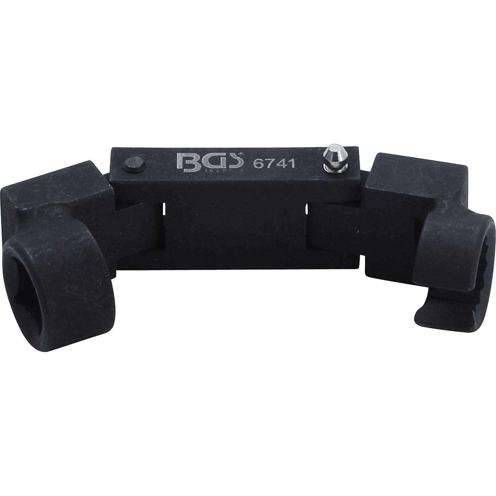 Ein schwarzes Gummiwerkzeug mit der Beschriftung 'BGS 6741', das zum Festhalten von Nockenwellenriemenscheiben während der Motoinstandhaltung verwendet wird.