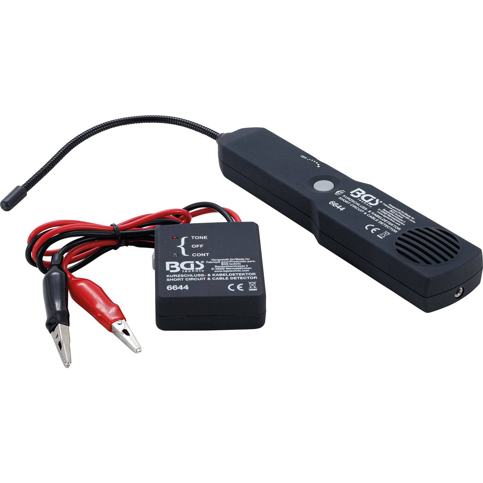 Tonfrequenzgenerator und Prüfset, bestehend aus tragbarem Empfänger und Signalsender-Box mit roten und schwarzen Kabeln und Krokodilklemmen.