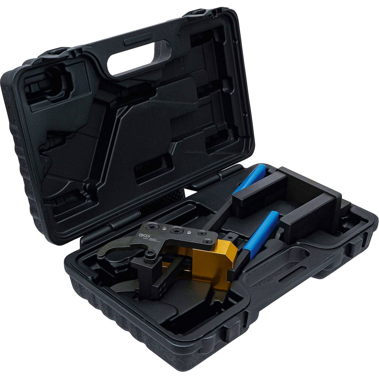 Ein schwarzes Kunststoffgehäuse enthält ein robustes Werkzeug mit blauen Griffen und einem metallischen Kopf, das für industrielle oder mechanische Anwendungen konzipiert ist.