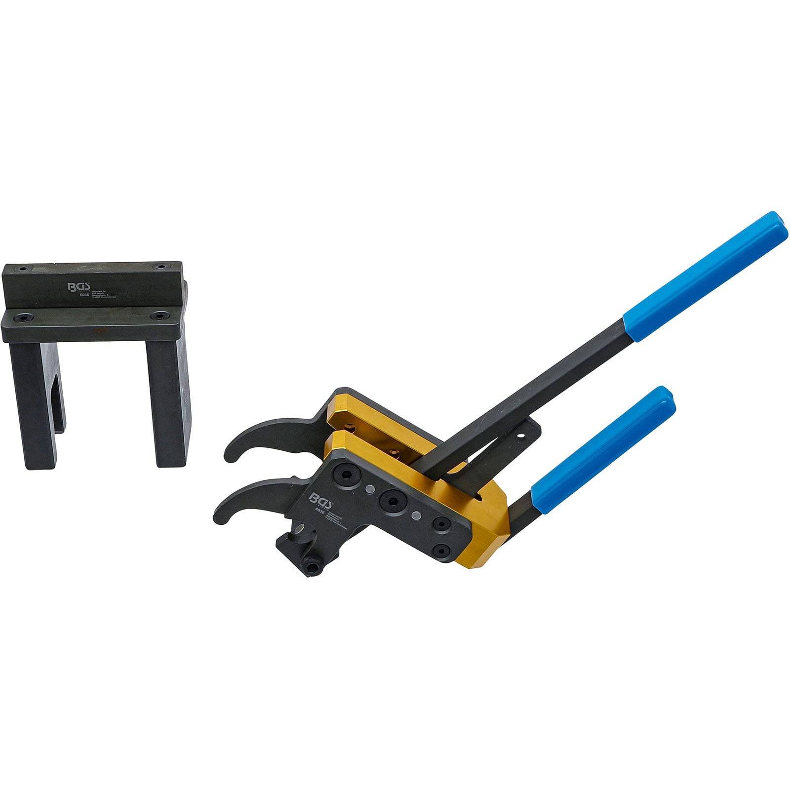 Metallrohrbieger-Werkzeug mit blauen Griffen und einem schwarzen Stützblock, verwendet zum Biegen von Rohren bei Klempner- oder Metallbearbeitungsarbeiten.