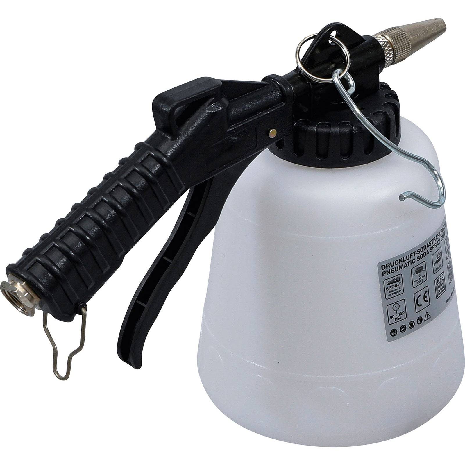 Eine pneumatische Spritzpistole mit schwarzem Griff und weißem Behälter, ausgestattet mit einer Metalldüse und angebrachtem Druckmanometer.