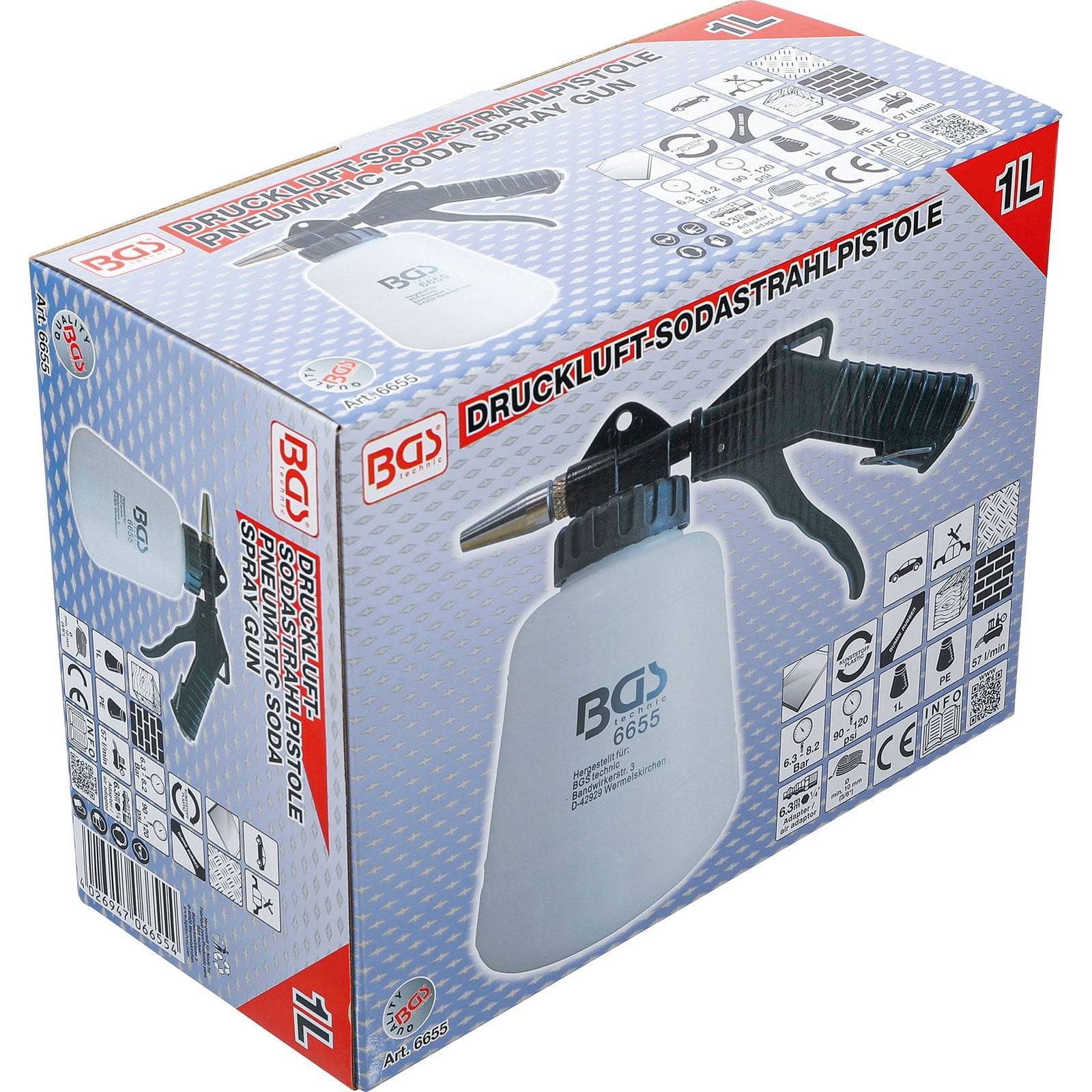 Verpackung für 'Soda Blasting Gun', mit Abbildung der Spritzpistole, Produktdetails und Symbolen. Das Verpackungsdesign beinhaltet das Markenlogo und eine Kapazität von 1 Liter.