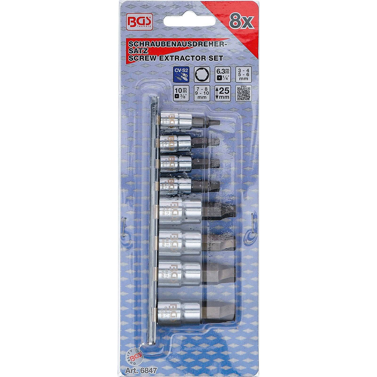 Schraubenausdrehe-Set mit 8 Stück, in Verpackung präsentiert. Größen reichen von 3 bis 25 mm. Inklusive Adapter und Koffer. Marke: BGS.