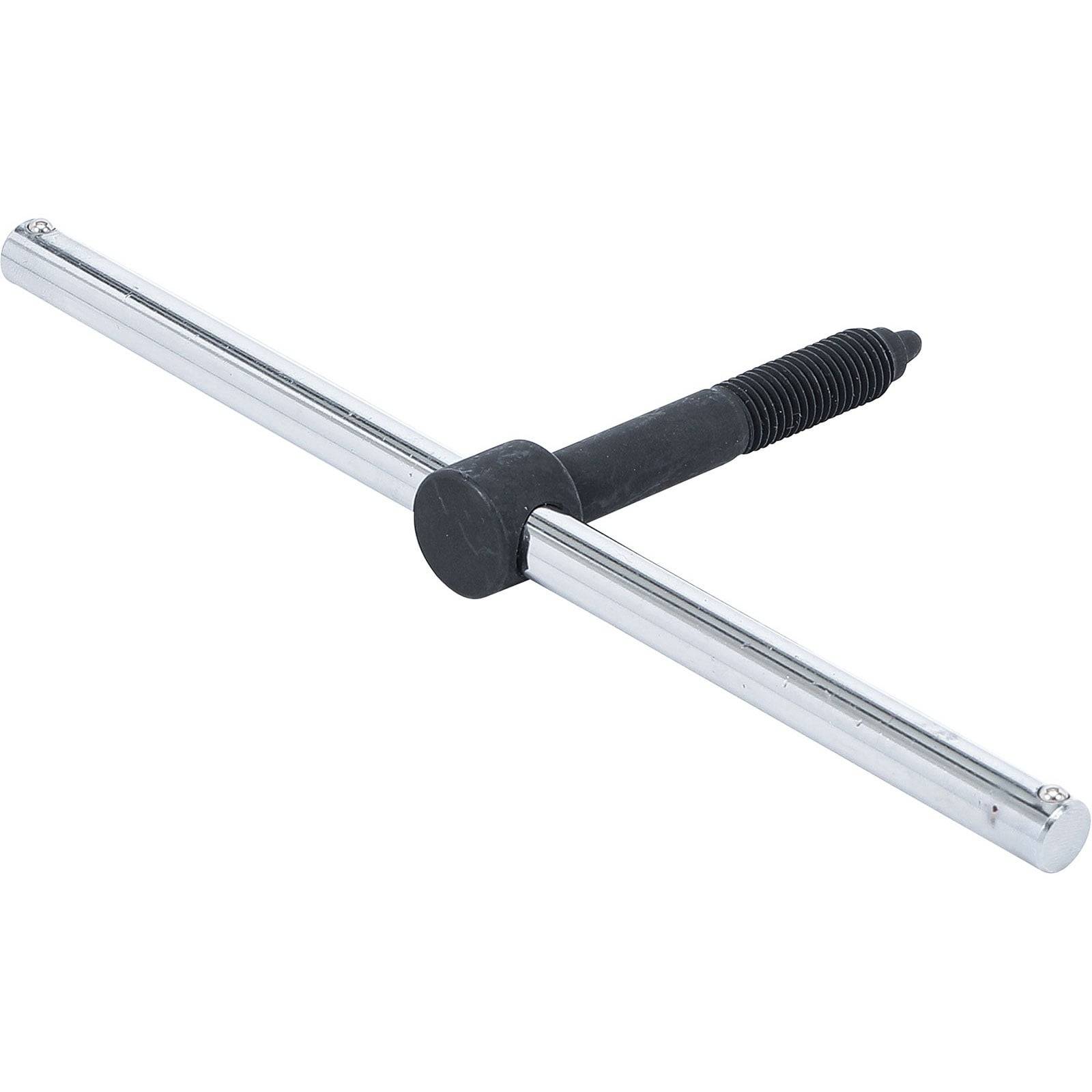 T-förmiger Griff mit einer Gewindestange, der zum Festziehen oder Lösen von Schrauben verwendet wird, vor einem einfarbigen weißen Hintergrund.