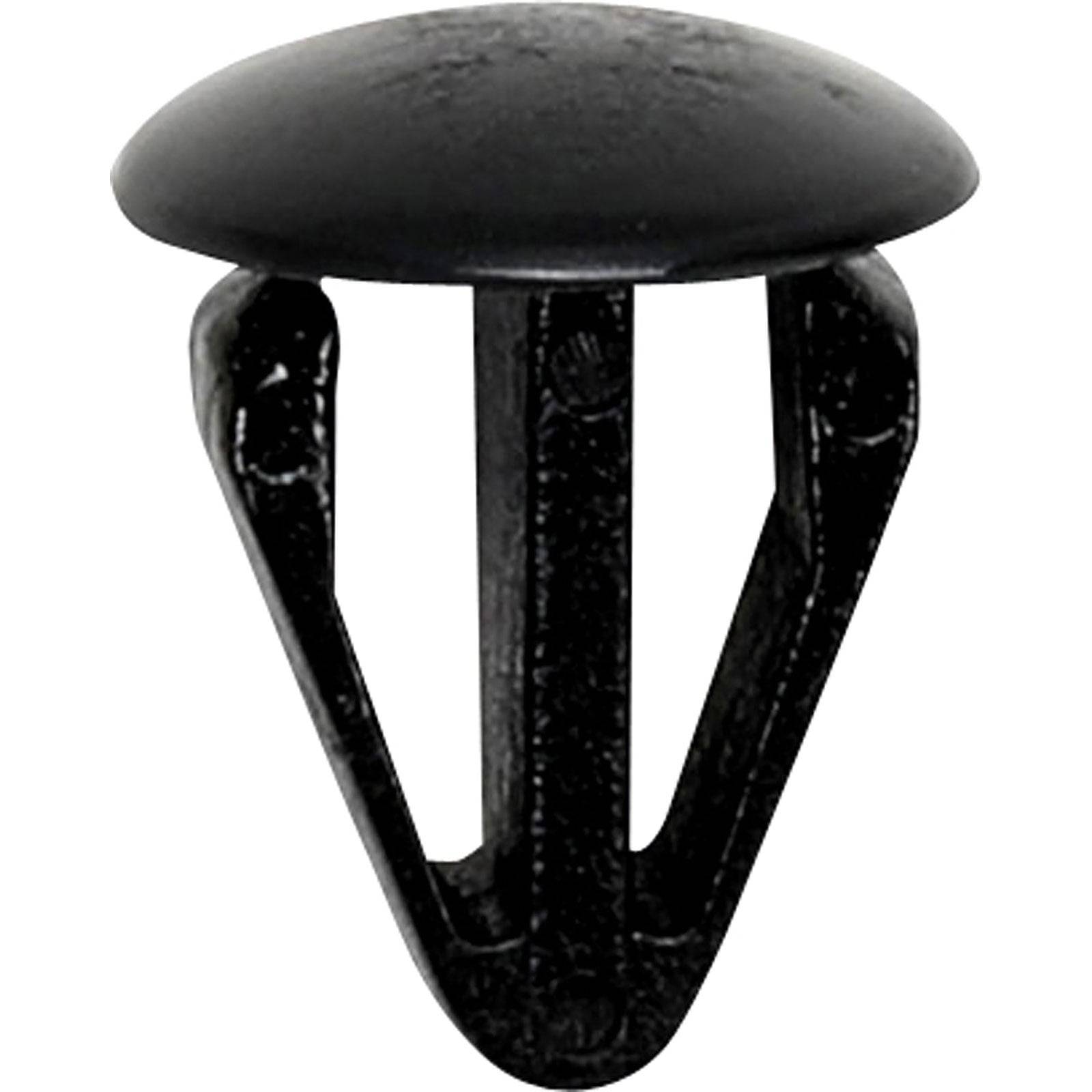 Eine schwarze Kunststoffbefestigung mit abgerundeter Oberseite und zwei spitzen Zinken zum Zusammenhalten von Materialien.