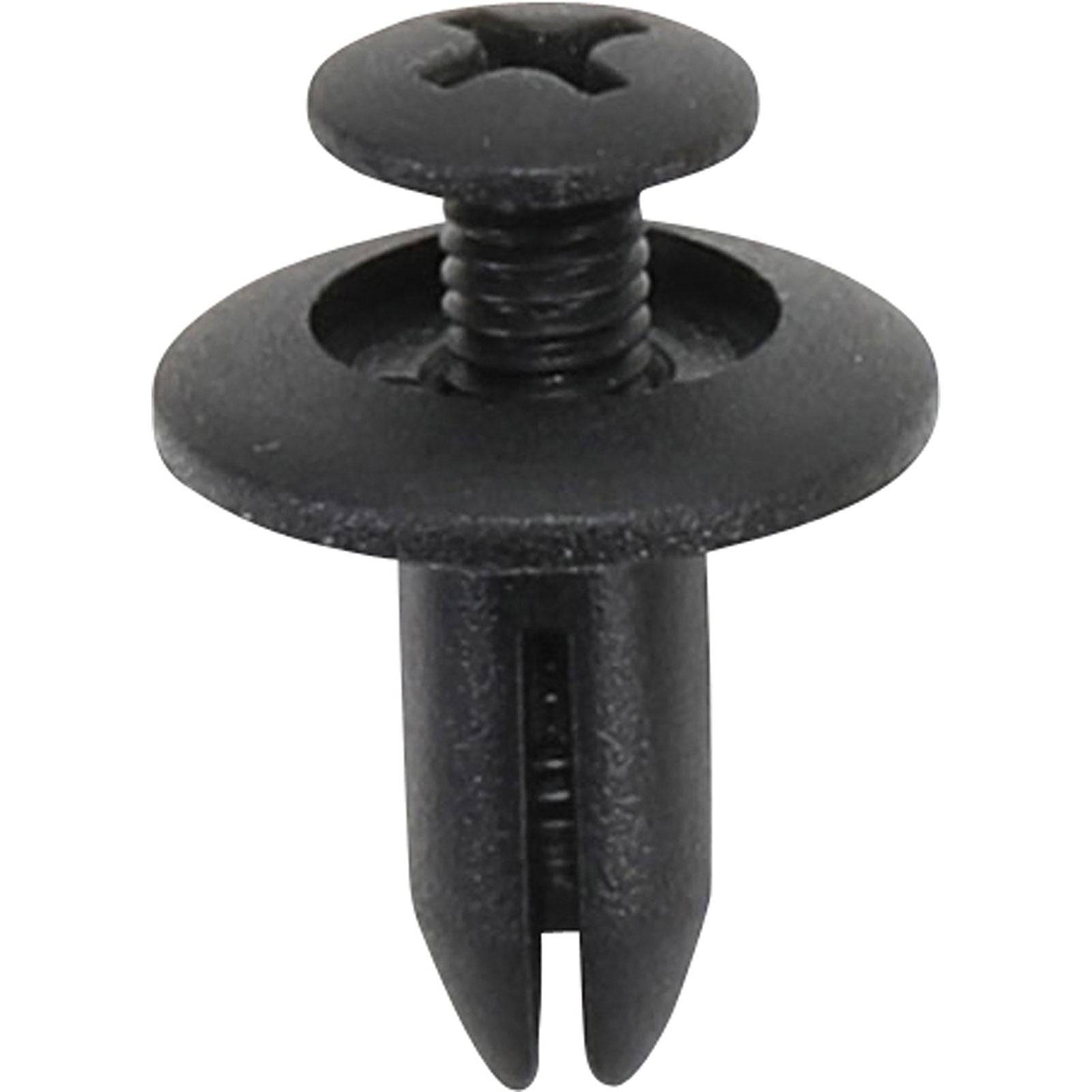 Ein schwarzer Kunststoff-Druckniete mit Schraubdeckel und ausfahrbaren Beinen, verwendet zum Befestigen von Verkleidungen oder Zierteilen in der Automobilanwendung.