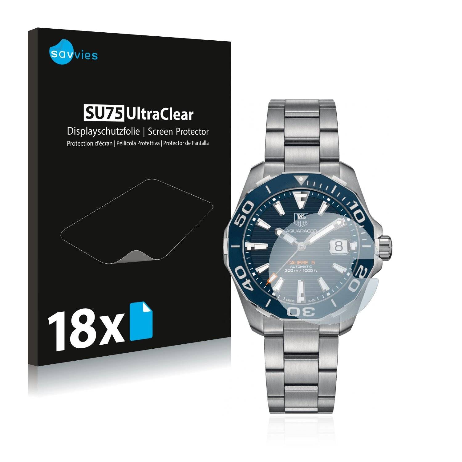 18x Savvies SU75 Displayschutzfolie für TAG Heuer Aquaracer (43 mm) (runde