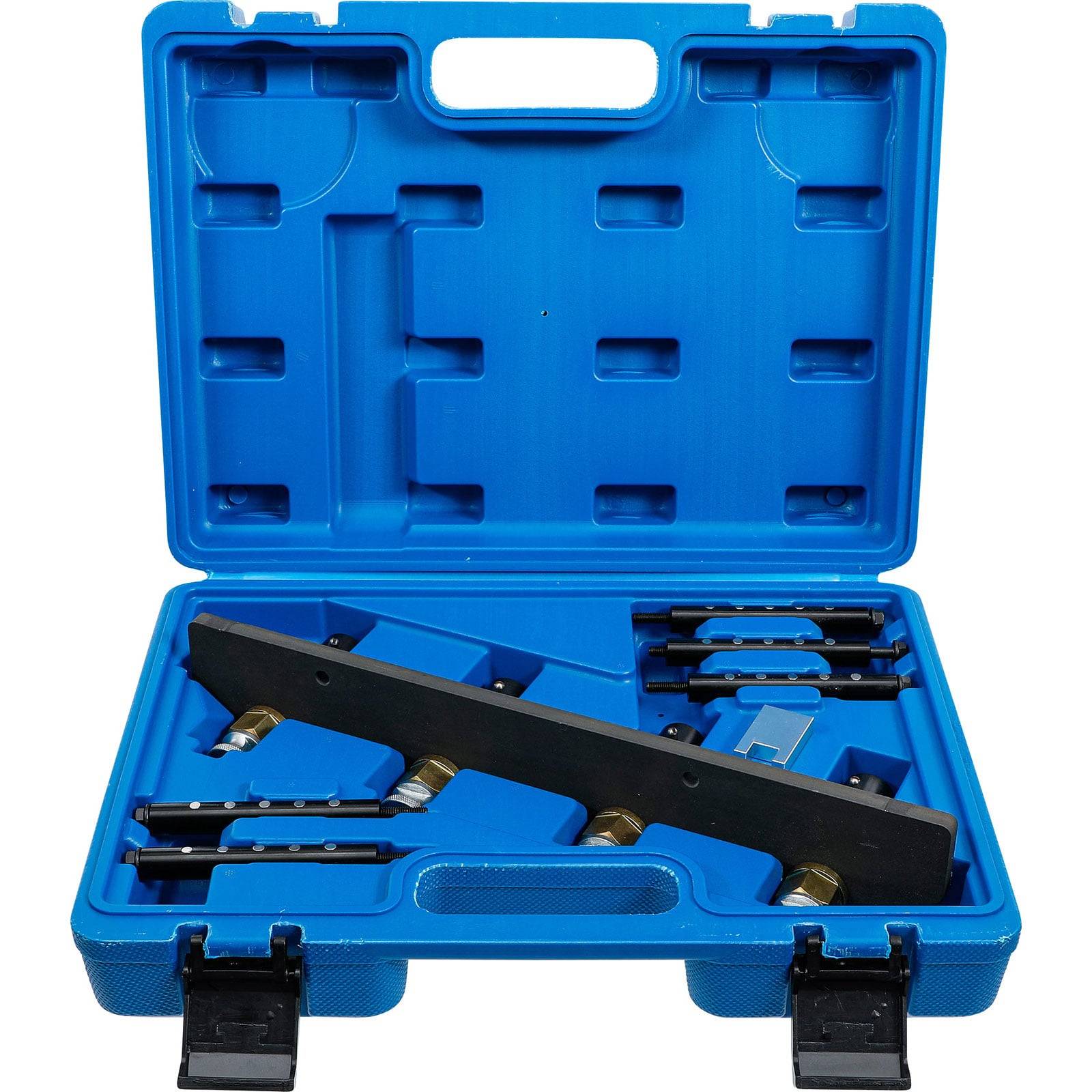 Blauer Kunststoff-Transportkoffer, der verschiedene mechanische Zeitwerkzeuge enthält, einschließlich eines schwarzen Halters und mehrerer ordentlich angeordneter Metallkomponenten.