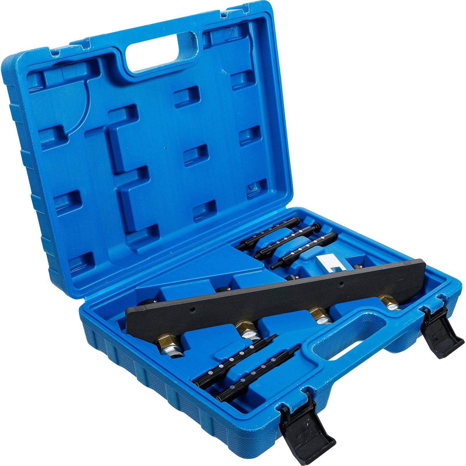 Eine blaue Kunststoff-Transportbox mit Fächern enthält einen Satz von Ventileinstellungswerkzeugen für Kraftfahrzeuge, einschließlich einer schwarzen Leiste und mehrerer Anbauteile.