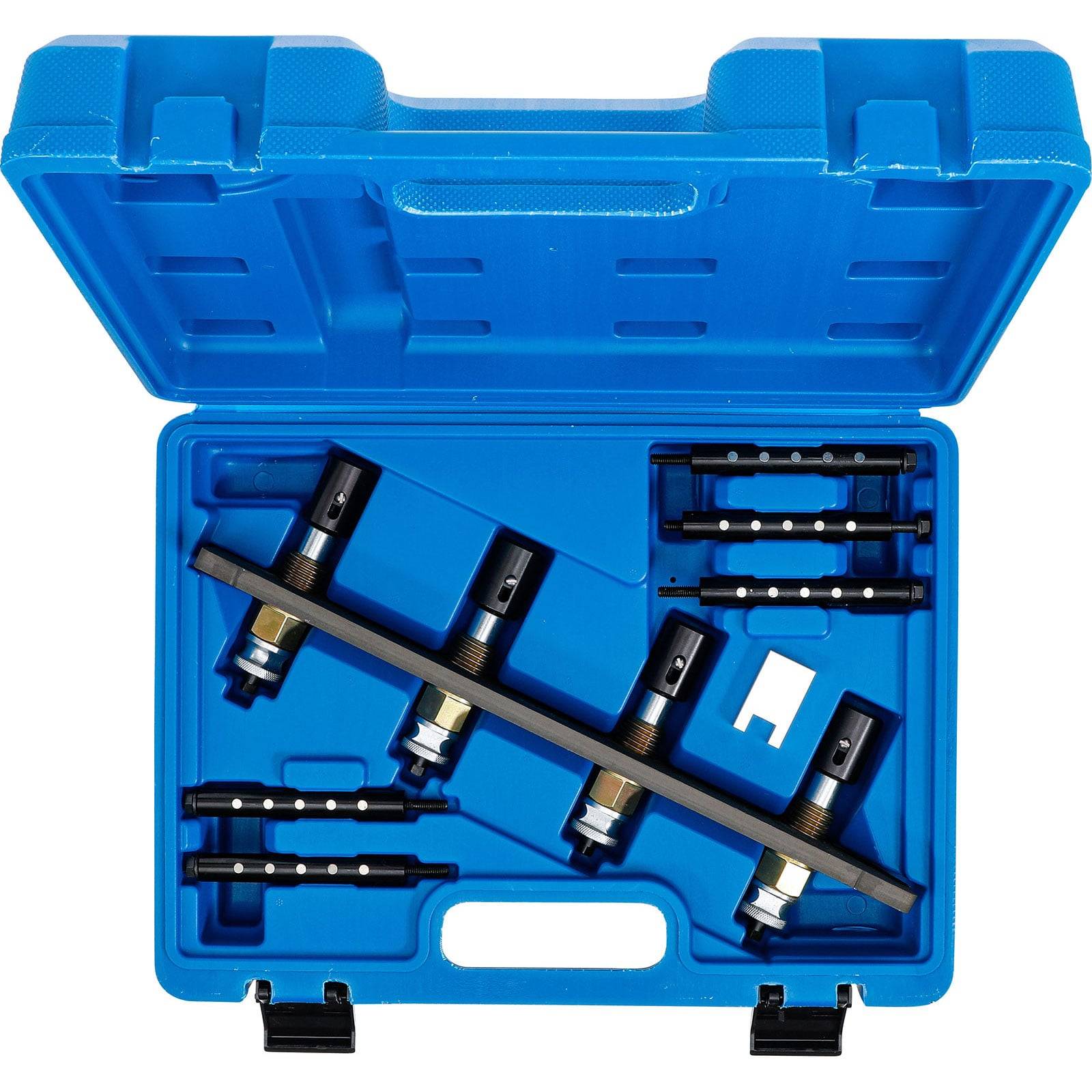 Blauer Werkzeugkoffer geöffnet, der verschiedene Automotive-Einstellwerkzeuge zeigt, die ordentlich in Schaumstoffabteilen für Motorausrichtung und -reparatur angeordnet sind.