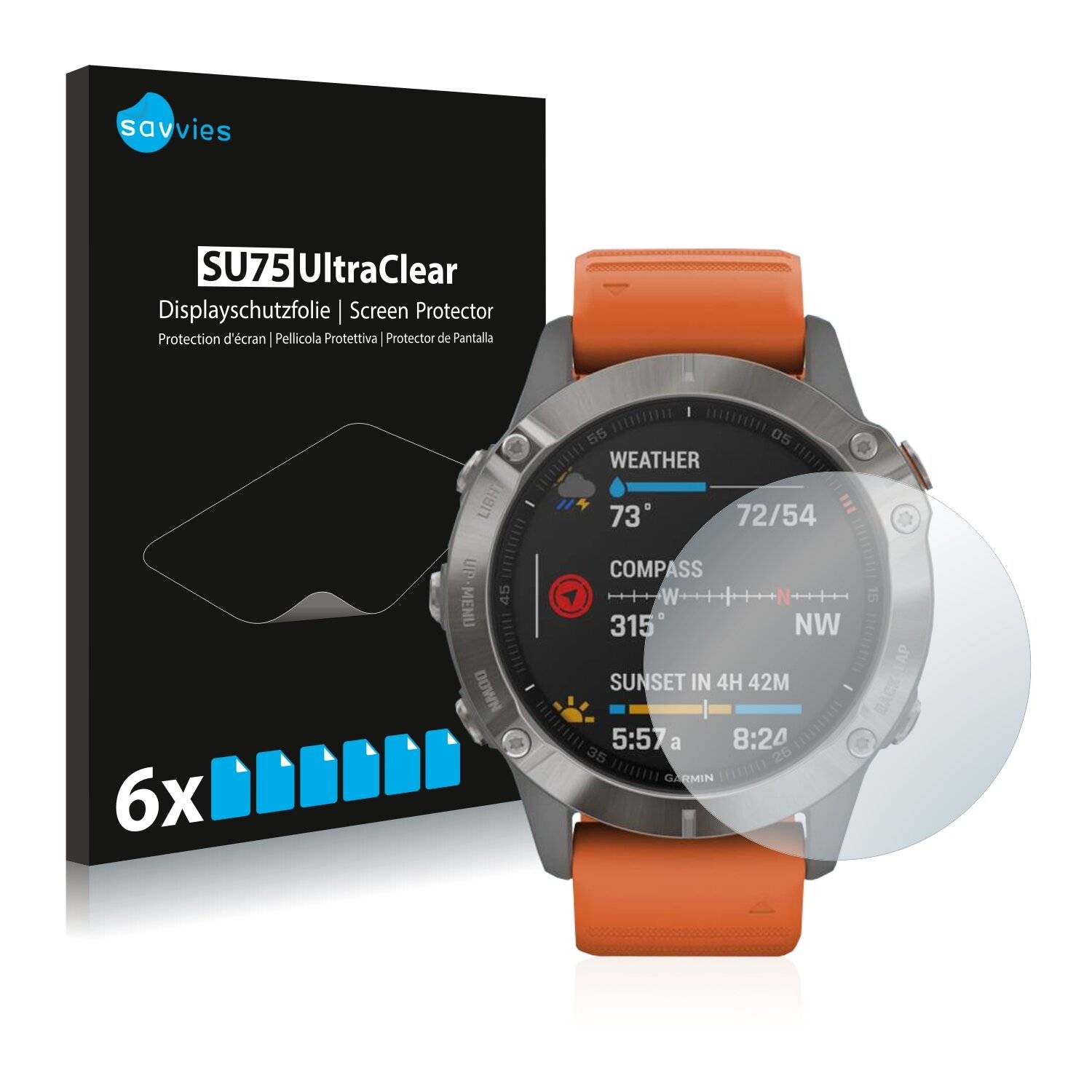 6x Savvies SU75 Displayschutzfolie für Garmin Fenix