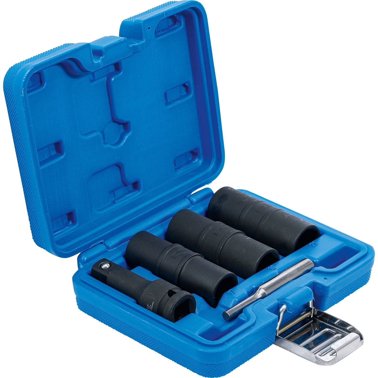 Eine blaue Tasche mit einem Satz schwarzer Schlaginstrumente und einer silbernen Ratsche ist zu sehen. Der Deckel ist geöffnet, und die Stecknüsse sind sortiert angeordnet.